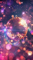 Glittering disco ball suspended in a magical galaxy of vibrant purple and pink bokeh lights, creating a dazzling party atmosphere in space.