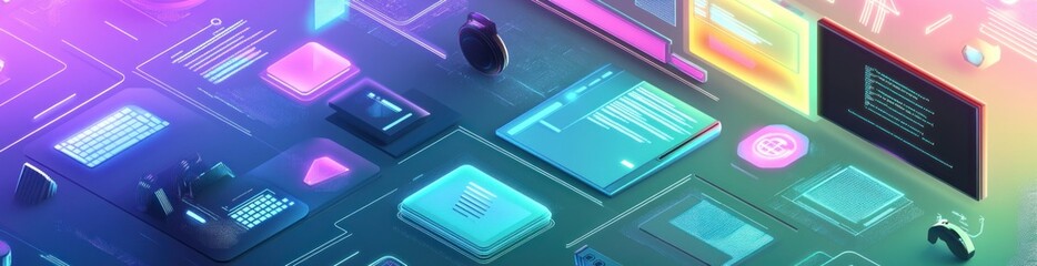 Obraz premium Digital workspace with vibrant tech elements and coding screens.