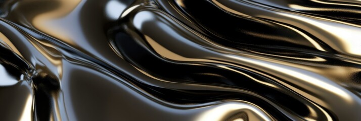 Panoramic metallic liquid surface forming elegant waves background. Panorama, panoramic banner