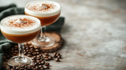 Presented on a light setting, these two sophisticated coffee drinks are garnished with whipped cream and cocoa powder, exuding elegance and aromatic delight.