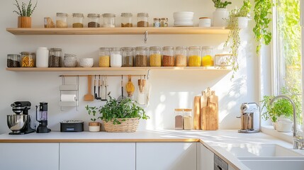 A bright, modern kitchen with hanging shelves and eco-friendly storage containers. It's a great example of a zero-waste home.