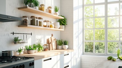 A bright, modern kitchen with hanging shelves and eco-friendly storage containers. It's a great example of a zero-waste home.