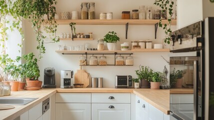 A bright, modern kitchen with hanging shelves and eco-friendly storage containers. It's a great example of a zero-waste home.