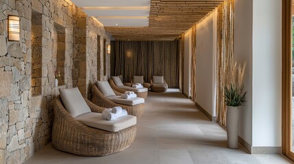 Relaxing spa interior featuring comfortable loungers, soft lighting, and natural stone walls for a tranquil atmosphere.