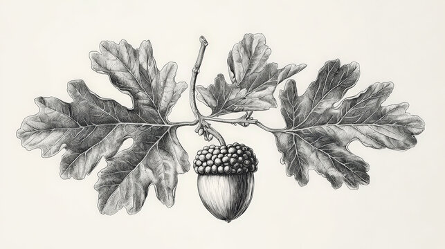 Antique engraving of acorn and oak leaves, showcasing intricate details and natural beauty. This artwork captures essence of nature with vintage touch, perfect for decor
