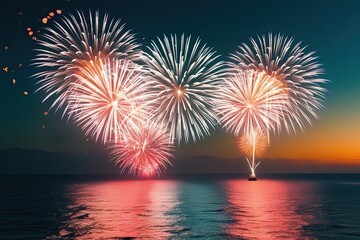Vibrant Fireworks Overlay with Luminous Ocean Glow and Sparkling Rays