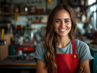 Young woman with apron in her artist work room. Concept: smile, professional.
