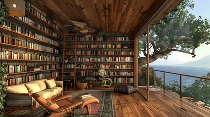 Fototapeta premium Stunning coastline hut that features a large library selection with an inviting sofa