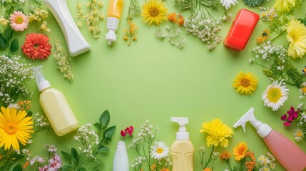 A green background with cleaning supplies and fresh flowers. The picture shows bottles of cleaning products and flowers, arranged flat on a green surface.