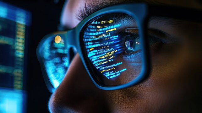 Programmer with Glasses Reflecting Code