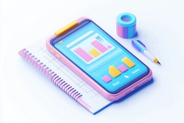 A colorful smartphone displaying graphs, alongside a notebook and pen, suggesting data analysis.