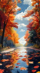 A picturesque autumn landscape, with trees adorned in vibrant hues of orange and red