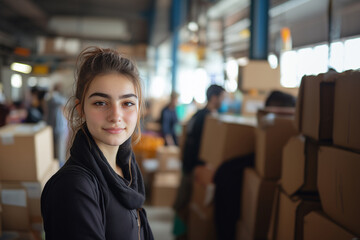 Fototapeta premium Young girl volunteering at a distribution center during a relief effort