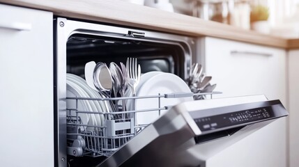 A modern kitchen with a stainless steel dishwasher open, showing clean dishes and utensils inside.