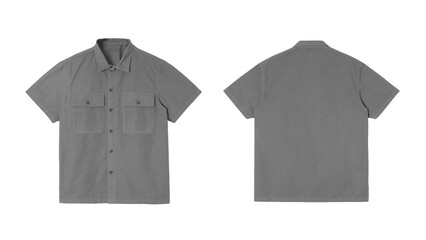 Front and back view of a men's gray short sleeve button down shirt with pocket on white background © resource image