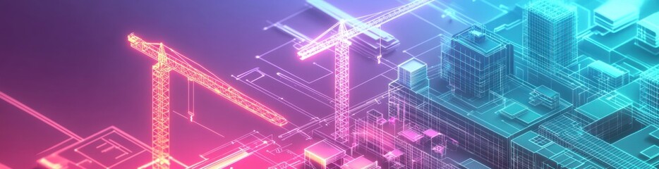 A vibrant digital representation of a construction site with cranes and buildings.