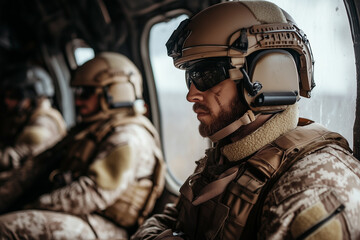 Naklejka premium Brave soldiers sitting in a military helicopter, gearing up for a dangerous mission, highlighting the intensity of wartime preparation