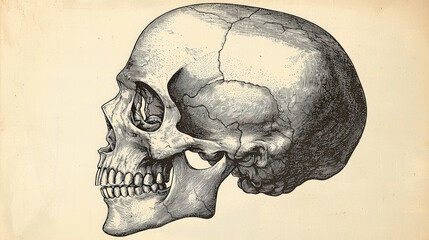 Intricate vintage engraving of human skull, showcasing detailed anatomical features and textures. This artwork captures essence of human anatomy beautifully