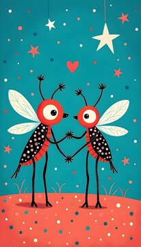 Two animated lovebugs express affection in a colorful night setting filled with stars