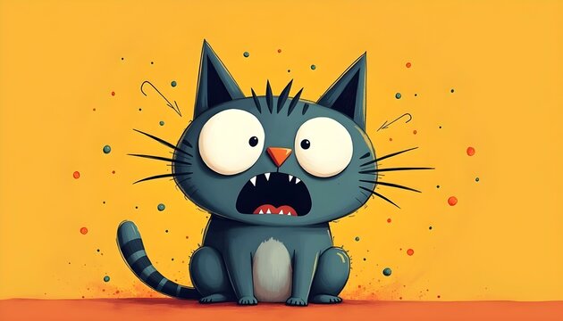 A cartoon cat looks shocked with wide eyes and an open mouth on a vibrant orange backdrop