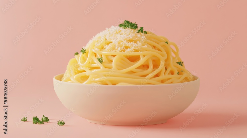 Wall mural A bowl of spaghetti topped with cheese and herbs on a soft pink background.