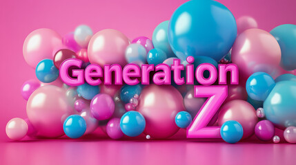 the text Generation Z in blue and pink color with colorful balls, pink background