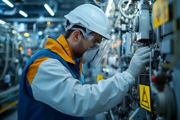 Dedicated Nuclear Technician Closely Inspecting Critical Machinery in Power Plant with Specialized Protective Gear