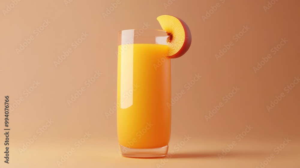 Poster A refreshing glass of orange juice garnished with a peach slice against a warm background.