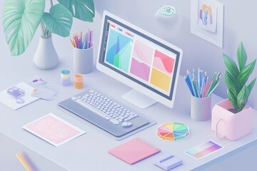 A digital workspace featuring a computer, stationery, and design materials for creative tasks.
