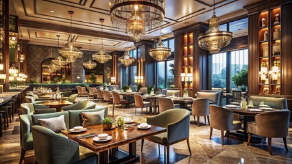 Fototapeta premium Elegant and Opulent Luxury Restaurant Interior with Stylish Decor and Ambient Lighting Design