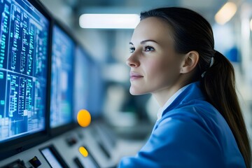 Female Technician Expertly Calibrating Nuclear Reactor Controls with Glowing Monitoring Screens