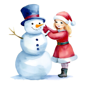 recommend clip art: Christmas-red color themed watercolor cute clipart hand drawing, Santa and a Snowman – Building or standing next to a cheerful snowman