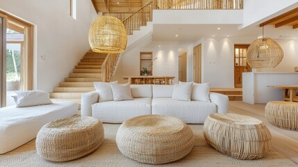 A modern, airy living room featuring natural materials and cozy seating, perfect for relaxation and minimalist design inspiration.