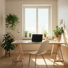 Fototapeta premium A Modern Laptop And Houseplants On A Wooden Desk In Front Of A Well-lit Window, Cozy Home Office Environment, Ai Generated Image