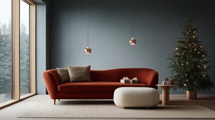 Modern Living Room with Christmas Tree and Red Sofa