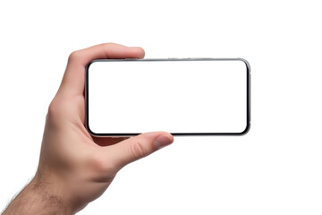 Fototapeta premium Hand holding a smartphone horizontally with an empty screen, perfect for mockups, on a transparent background