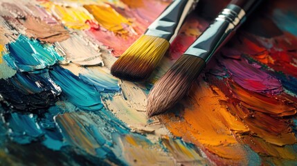 Fototapeta premium Vibrant oil paint palette with brushes on canvas