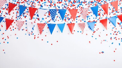 Obraz premium Colorful triangle flags and confetti on a white background. for festive celebration.