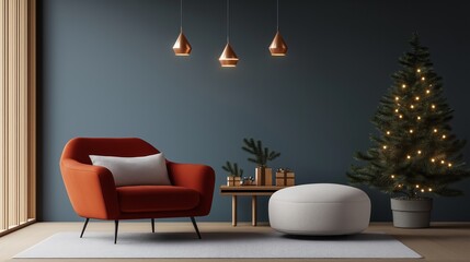 Modern Living Room with Christmas Tree and Red Sofa