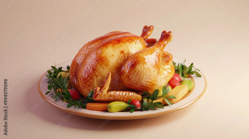 Poster A beautifully roasted turkey on a platter, garnished with vegetables and herbs.