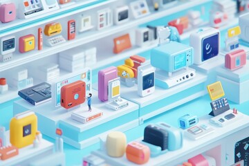 Obraz premium A colorful display of miniature electronic devices in a whimsical store setting.