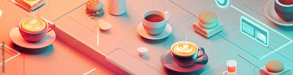 Canvas Prints A colorful digital illustration of coffee cups and pastries on a modern table.