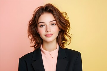 Pensive Female Model in Relaxed Office Attire Against Vibrant Pastel Backdrop for Business Promotions