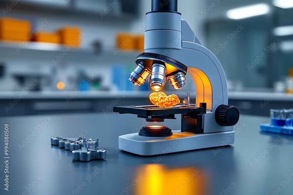 Aufkleber A hyper-realistic view of a microscope in a science lab, with detailed reflections on the lens and a clear view of the specimen under study