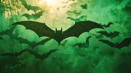 A dynamic swarm of bats flying through a misty green forest at dusk.
