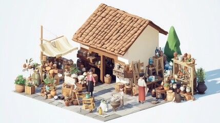 Obraz premium A quaint market scene with a small shop filled with various goods and people browsing.