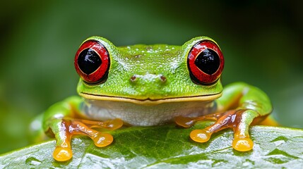 Fototapeta premium Close-up of a vibrant green tree frog with striking red eyes.