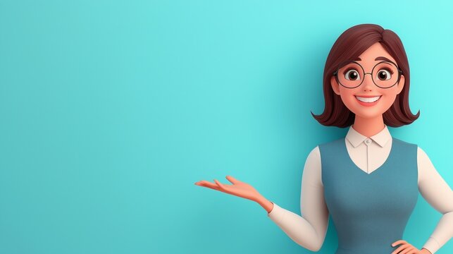 Friendly animated woman smiling and presenting with a welcoming gesture against a bright blue background.