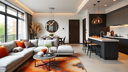 An open-concept living space with stylish decor, blending contemporary furniture and chic accents. Bright, spacious, and inviting, perfect for modern, relaxed living and entertaining.