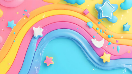 fondo infantil colorido creativo con decoraciones de colores como estrellas y nubes con un arco iris arcoiris decorativo en colores pastel para invitacion con diseño divertido y tierno